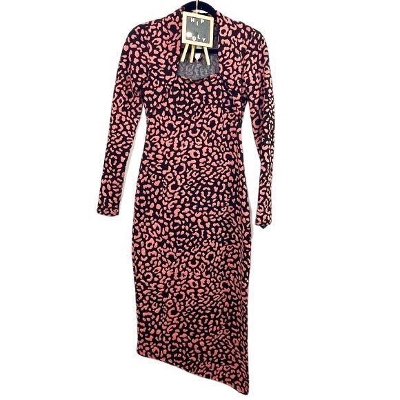 Rachel Roy Square-Neck Midi  Animal Print Dress Pink Black Size XSMALL NWT - Picture 2 of 12